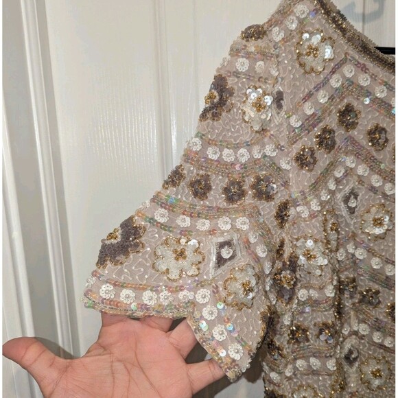 George F. Couture Size 14 Cream Silk Blend Mother Of The Bride Glass Beaded Gown - Picture 3 of 6